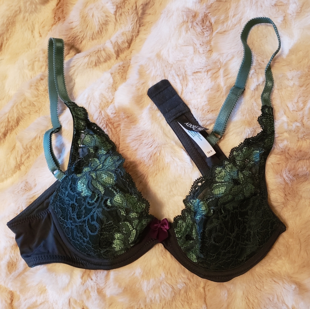 Adore Me dark green with purple lace bra 32A